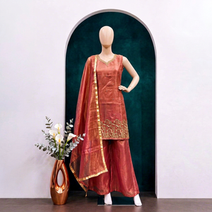 Ensemble Salwar Kameez en soie satinée pour femmes, brodé de paillettes, col en V, pantalon Plazzo avec dupatta pour fête et mariage - Product Image 3