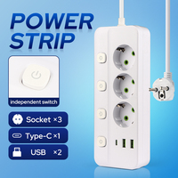 Multiprise standard européenne avec interrupteurs indépendants, 3 prises, 2 USB, 1 port Type-C, cordon d'extension certifié CE