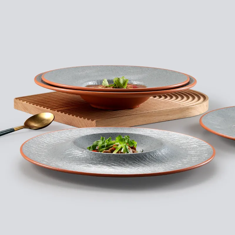 Hoel Uesd Melamina Dinnerware Set Hat Design Wide Rim Crockery Platter High Pedestal Matte Orange Soup plates