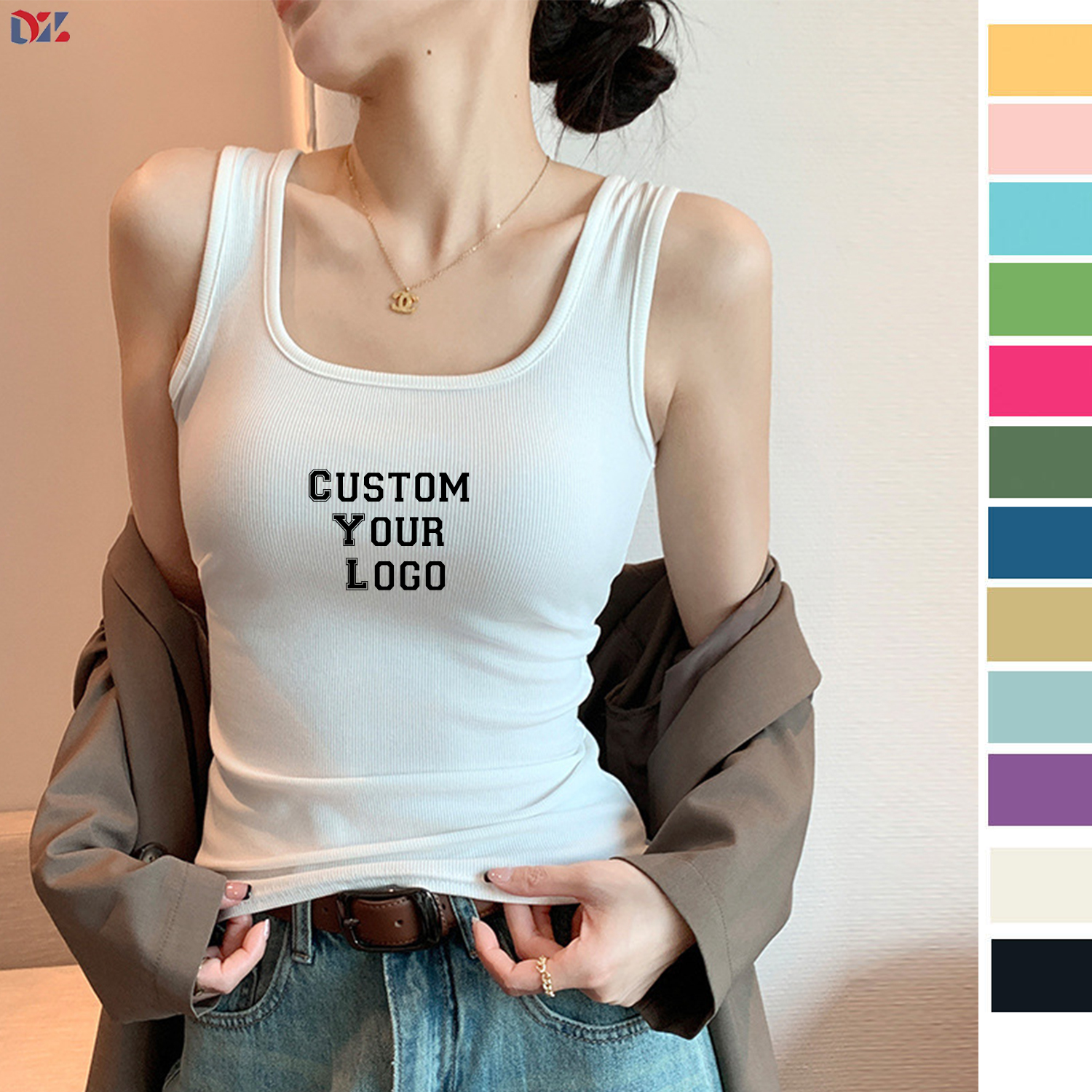Ladies Women's U Neck Tank Top Vest Summer Sleeveless Basic Camisole Slim Fit Knit Ribbed Plain Crop Shirt Tank Top With Logo