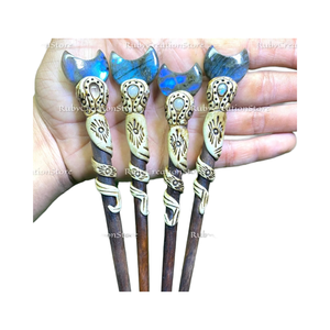 กิ๊บติดผมลาบราโดไรต์ทรงพระจันทร์สำหรับผู้หญิง ทำด้วยมือจากดินโพลิเมอร์ กิ๊บติดผมสไตล์โบฮีเมียน คริสตัล เครื่องประดับผม หินบำบัด - Product Image 2