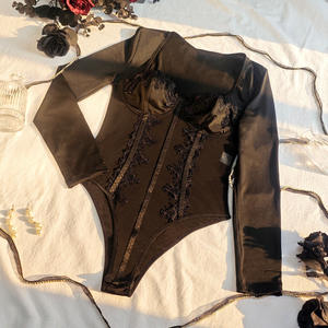 女性用透明花柄レース長袖ジャンプスーツフィッシュボーンウエストトップ付き新作セクシーブラック下着 - Product Image 6