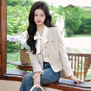 Women's Blazer Solid Color Polyester Woven Jacket With Bow Tie Design For Autumn Winter 2025 Fashionable Early Spring Top - Product Image 4