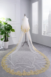 ROMANTIQUE <span class=keywords><strong>Or</strong></span> Femmes Mariée Dentelle Appliques Longue Cathédrale Deux Couches Voile De Mariage - Product Image 6
