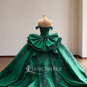 Rsm261126 Stunning off Shoulder Sweetheart Lace Applique Bow Vintage Chiffon Emerald Ball Gown <b>Quinceanera</b> <b>Dress</b> Prom for - Product Image 4