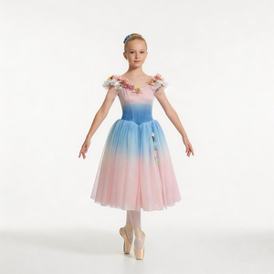 Robe de ballet rose et bleu dégradé pour filles, costume de danse féerique pour enfants, longue jupe en tulle avec appliques florales 3D pour Coppelia - Product Image 1