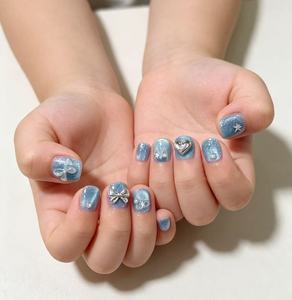 Uñas postizas cortas cuadradas para niños, uñas postizas con purpurina rosa y lazo blanco en 3D, pegatinas reutilizables para decoración de uñas para niñas, regalo. - Product Image 4