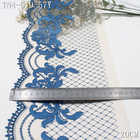 Dentelle brodée en tulle nude de 20 cm, motif floral bleu avec fil argenté brillant, Tela De Encaje pour robe, lingerie, décoration