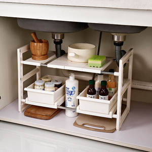 Foldable 2 tier multifunctional cabinet organization expandable plastic kitchen sink drying rack under sink organizer