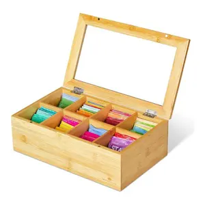 Tea Box Storage Organizer 8 Fächer Teebeutel halter Wooden Finish Organizer Bambus Holz Teebeutel Boxen