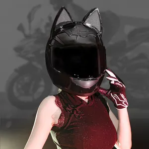 SUBO Helm Wajah Tertutup Penuh Pria dan Wanita, Helm Perlindungan Keselamatan Motor Telinga Kucing Elektrik Pita Abu-abu Musim Panas untuk Pria