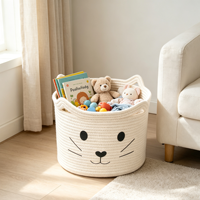 Panier de rangement en corde de coton pour chat, blanc crème, motif visage de chat mignon, pour chambre d'enfant, chambre à coucher, salon, décoration intérieure