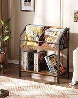 Étagère de rangement multifonctionnelle en métal brun rustique à 2 niveaux, avec séparateurs en fil métallique, pour 250 disques vinyles, table de présentation de disques vinyles, CD, livres