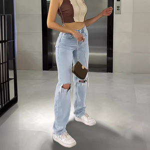 <span class=keywords><strong>Jeans</strong></span> a Vita Alta Comodi e Larghi da <span class=keywords><strong>Donna</strong></span>, Pantaloni Lunghi Casual Strappati alla Moda - Product Image 2