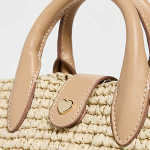 Sacs en paille personnalisés pour femmes Sac fourre-tout de plage d'été Sac à main tissé à bandoulière Sac fourre-tout mini seau à bordure en cuir raphia - Product Image 4