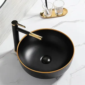 Forma redonda Venta caliente precio inferior estilo de lujo WC europeo negro oro borde vanidad gabinete baño fregadero lavabo de cerámica