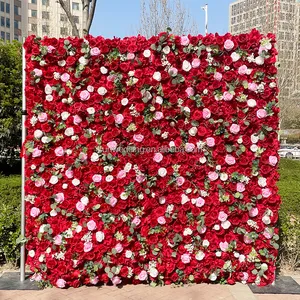 Sunwedding sutra 3D bunga buatan dinding untuk dekorasi pernikahan kain kembali menggulung dinding bunga mawar merah