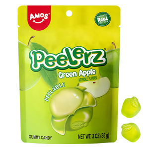 Amos peelerz Gummy trái cây hình dạng hương vị kẹo Jelly kẹo bán buôn màu xanh lá cây Táo peelable Gummy kẹo - Product Image 1
