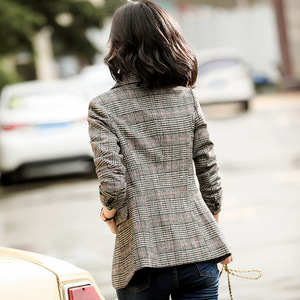 Women's Plaid Blazer Coffee Color Long Sleeve Anti-Wrinkle Casual Wear - Product Image 4