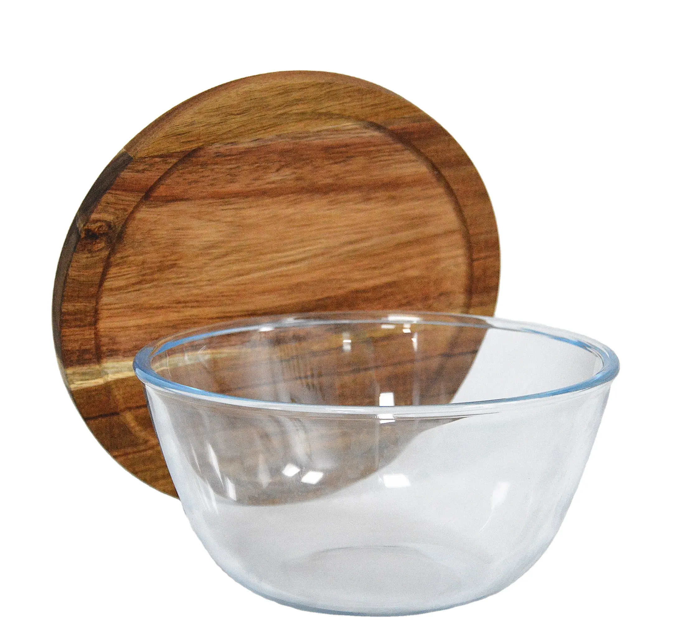 high borosilicate large Glass Salad Bowl - Mixing and Serving Dish - Clear Glass Fruit and Trifle Bowl with Acacia wood lid base