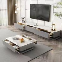 Ensemble meuble TV et table basse modernes et durables avec cadre en bois et plateau en dalle de roche blanche pour salon