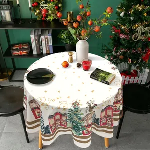 Toalha de mesa redonda de 150 cm para casa de natal, design multi-elemento estilo natalino, árvore de natal, alces, toalha de mesa redonda