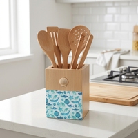 Support de cuisine de luxe en bois de bouleau avec motif imprimé UV Océan de la série Natural House, pour ustensiles et baguettes, avec base en liège, pour comptoir de cuisine