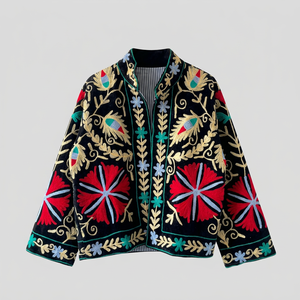 Chaqueta Bordada Floral Suzani de Algodón Negro Hecha a Mano, Corte Relajado, Frente Abierto, Manga Larga, Estilo Boho, Ropa Exterior de Moda para Mujer - Product Image 1