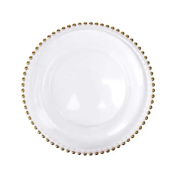 2023 Wholesale clear glass beaded charger plate with gold silver rim for wedding table decoration
