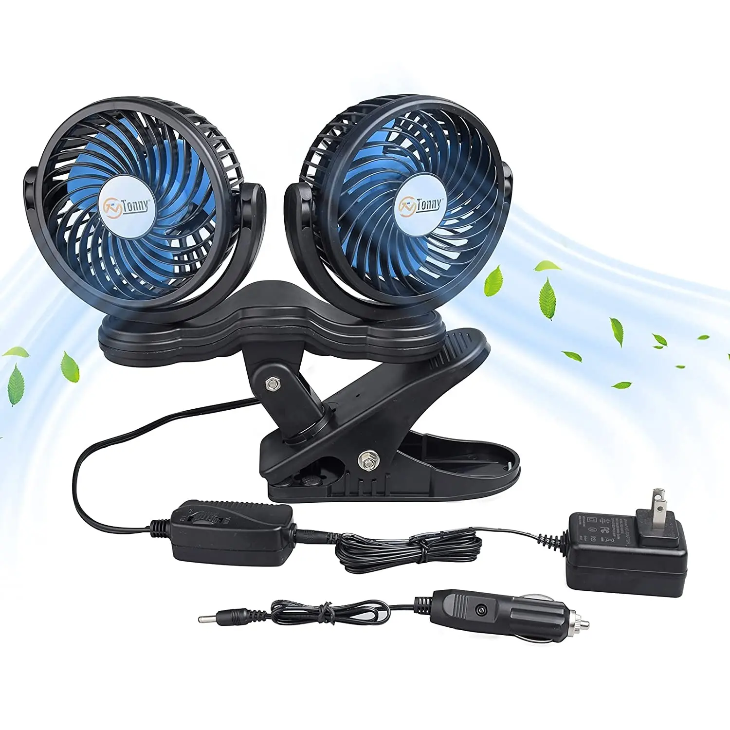 Ventilatore capo doppio della Clip, 4 pollici ventole elettriche della Clip dell'automobile 360 gradi ruotabili, ventilatore di aria di raffreddamento 12V con regolamento continuo di velocità