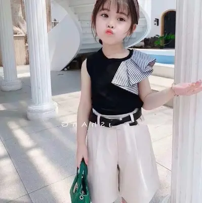 Children's clothing 2021 girls summer suit net red irregular top shorts two-piece set with belt other girls' clothing