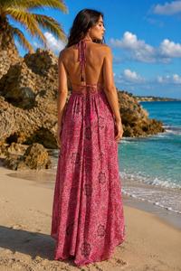 Robe longue bohème en mousseline de soie tissée à motif floral, col en V, coupe trapèze, sans manches, avec lien à nouer sur le devant, taille naturelle, idéale pour les vacances, qualité supérieure - Product Image 4