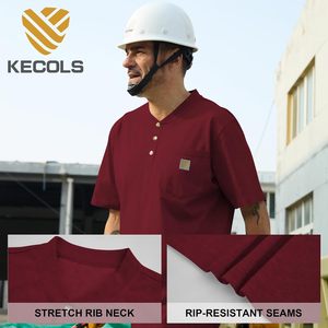 Camisetas de Trabajo Holgadas y Gruesas de Manga Corta, 50% Algodón, 50% Poliéster, para Hombre, con Bolsillo, Estilo Henley - Product Image 6