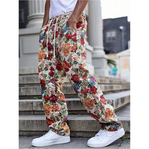 FOXA Men's Floral Embroidery Baggy Pants <b>Drawstring</b> Waist Casual Street <b>Trousers</b> With Pockets 100% Cotton Breathable - Product Image 3