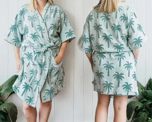 High Quality Holiday Cotton Towelling Terry Change Surf Robe Palm Tree Hot Summer Outdoor Short Sleeve V Neck Beach Robe