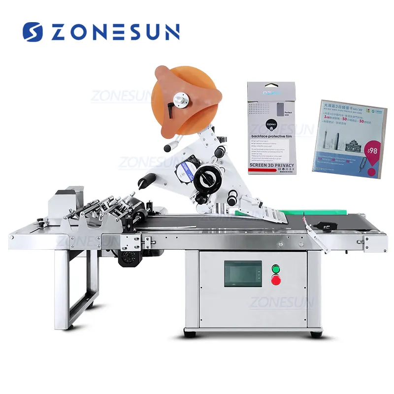 ZONESUN ZS-TB502P Tabletop Sticker Automatic Flat Box Card Paper Bag Stand Up Pouch Labeling Machine With Paging Machine