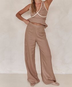 <span class=keywords><strong>Pantaloni</strong></span> casual da donna <span class=keywords><strong>marroni</strong></span> larghi a vita alta <span class=keywords><strong>pantaloni</strong></span> lunghi di <span class=keywords><strong>lino</strong></span> da donna - Product Image 5