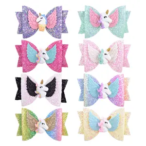 Hot sale Cartoon Unicórnio Cabelo Arcos Meninas Glitter Grosgrain Ribbon Jacaré Clips Designer Luxo Acessórios para Cabelo para Criança