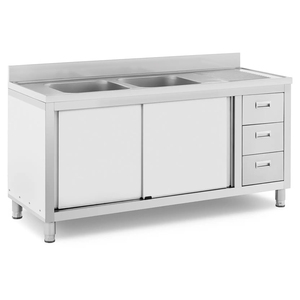 Évier commercial double en acier inoxydable avec égouttoir et 3 tiroirs, station de lavage de cuisine pour restaurant - Product Image 2