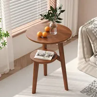Mesa Auxiliar Redonda Moderna de Madera Maciza con Diseño de Dos Niveles, Mesa de Centro Móvil para el Hogar