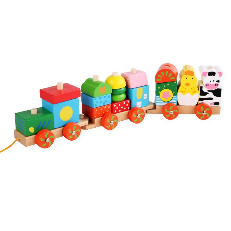 Wooden Toy Stacking Train Pull-Along Building Block Train Set Made from Solid Wood for Toddlers Kids Boys Girls Educational Play