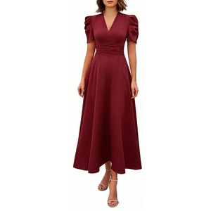 เดรสยาวรัดรูปเอวสำหรับผู้หญิง - เดรสแขนพองคอวีแบบเป็นทางการแฟชั่น - Product Image 2