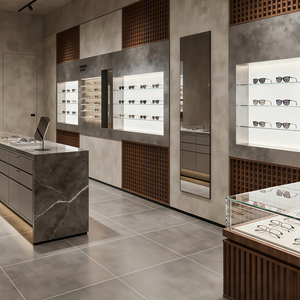 Vitrine d'exposition de lunettes en verre robuste et de haute qualité, éclairée par LED marron, avec finition facile à nettoyer, pour grands magasins - Product Image 3