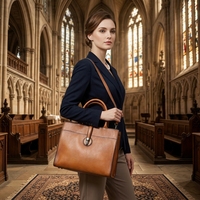 Bolso de Cuero Vintage para Mujer, Bolso de Mano de Cuero Genuino con Correa de Hombro Ajustable, Color Marrón Cognac, Venta al Por Mayor OEM