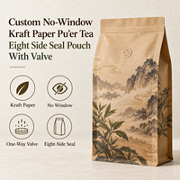 Sachet de thé Pu'er en papier kraft sans fenêtre, scellé sur huit côtés avec valve, pour la vente au détail et en gros