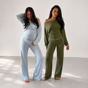 Women's 2 Piece for <b>Set</b> Solid Color Shoulder Long Sleeve Top Drawstring Straight Leg Pants Casual Homewear Spandex/Polyester - Product Image 1