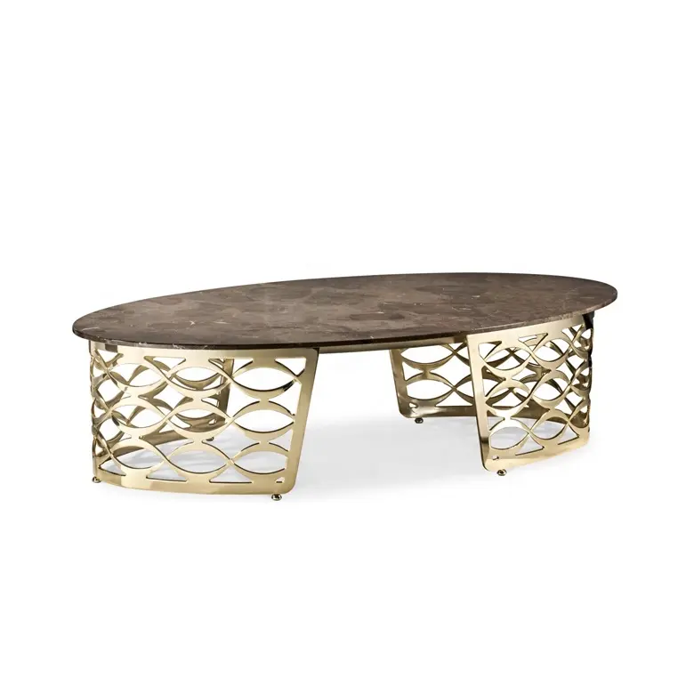 Muebles de lujo para sala de estar, mesa de centro superior de mármol personalizada de acero inoxidable ovalado moderno