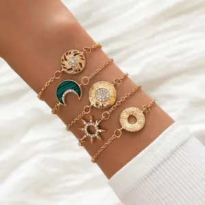 5 Pcs/set Adjustable Charm Bracelet Gold Crystal Circle Hollow Eight-Pointed Moon Star Sun Bracelets for Women