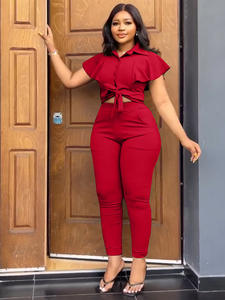 여성 캐주얼 투피스 세트 프릴 짧은 소매 옷깃 칼라 셔츠 + 하이 웨이스트 긴 연필 바지 패션 봄 여름 세트 - Product Image 5