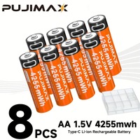 PUJIMAX 8Pcs Baterai Lithium Ion Isi Ulang Tipe-C AA 1.5V Kapasitas Tinggi 4255mWh 1500 Siklus dengan Indikator & Kabel Pengisian Daya